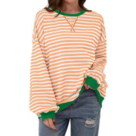 Loose Striped Long Sleeve T-shirt Casual Pullover Sweater For Womens Clothing (Option: Orange-M)