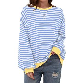 Loose Striped Long Sleeve T-shirt Casual Pullover Sweater For Womens Clothing (Option: Sky Blue-XL)