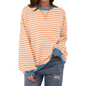 Loose Striped Long Sleeve T-shirt Casual Pullover Sweater For Womens Clothing (Option: Beige Bottom Orange Stripe-XL)