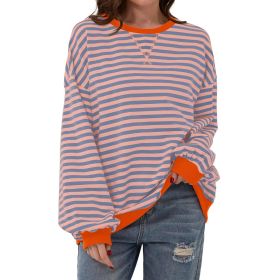 Loose Striped Long Sleeve T-shirt Casual Pullover Sweater For Womens Clothing (Option: Orange Blue-XL)